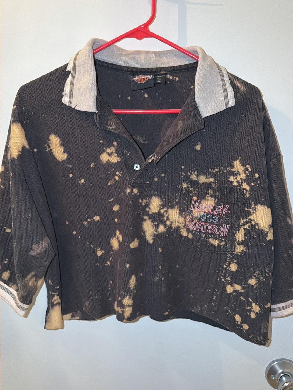 Harley-Davidson Black Polo with Bleach-Splatter and Gray Collar